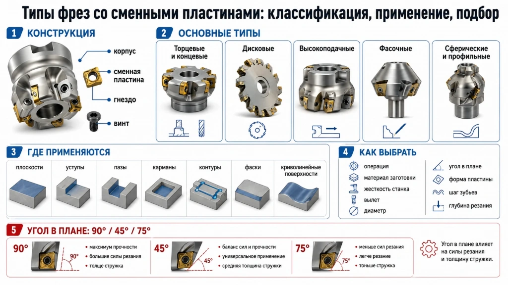 Инфографика о типах фрез со сменными пластинами и их применении. 
